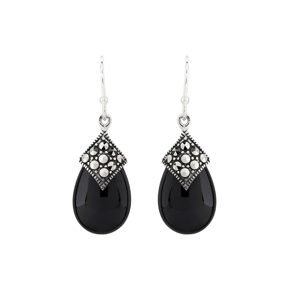 Art deco dangle earrings with onyx and marcasite in sterling silver