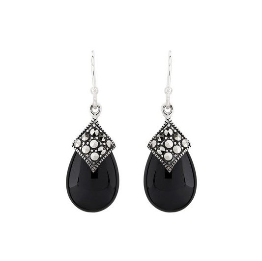 Art deco dangle earrings with onyx and marcasite in sterling silver