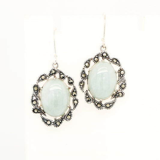 Natural jade with marcasite halo earrings in sterling silver