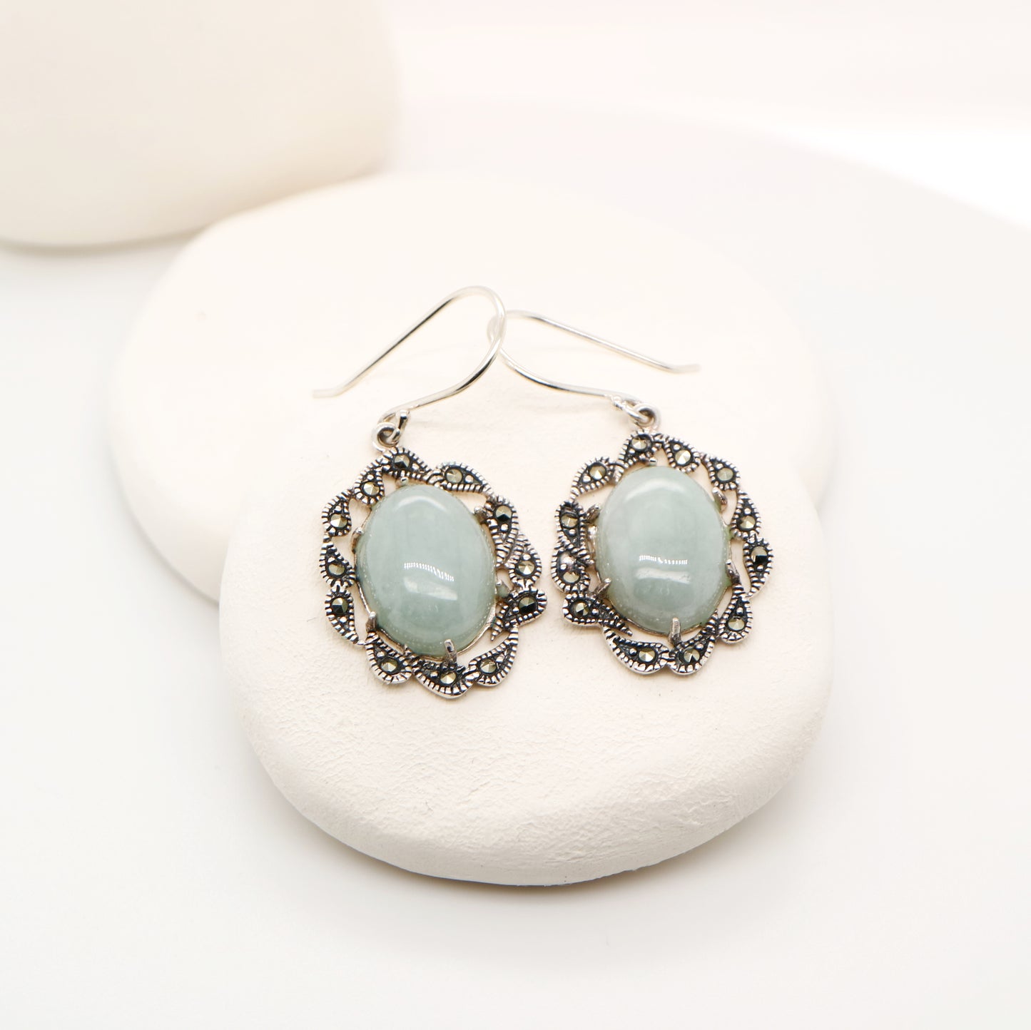 Natural jade with marcasite halo earrings in sterling silver