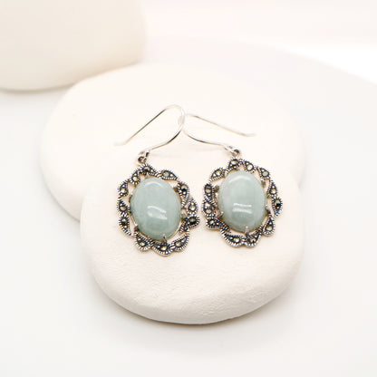 Natural jade with marcasite halo earrings in sterling silver