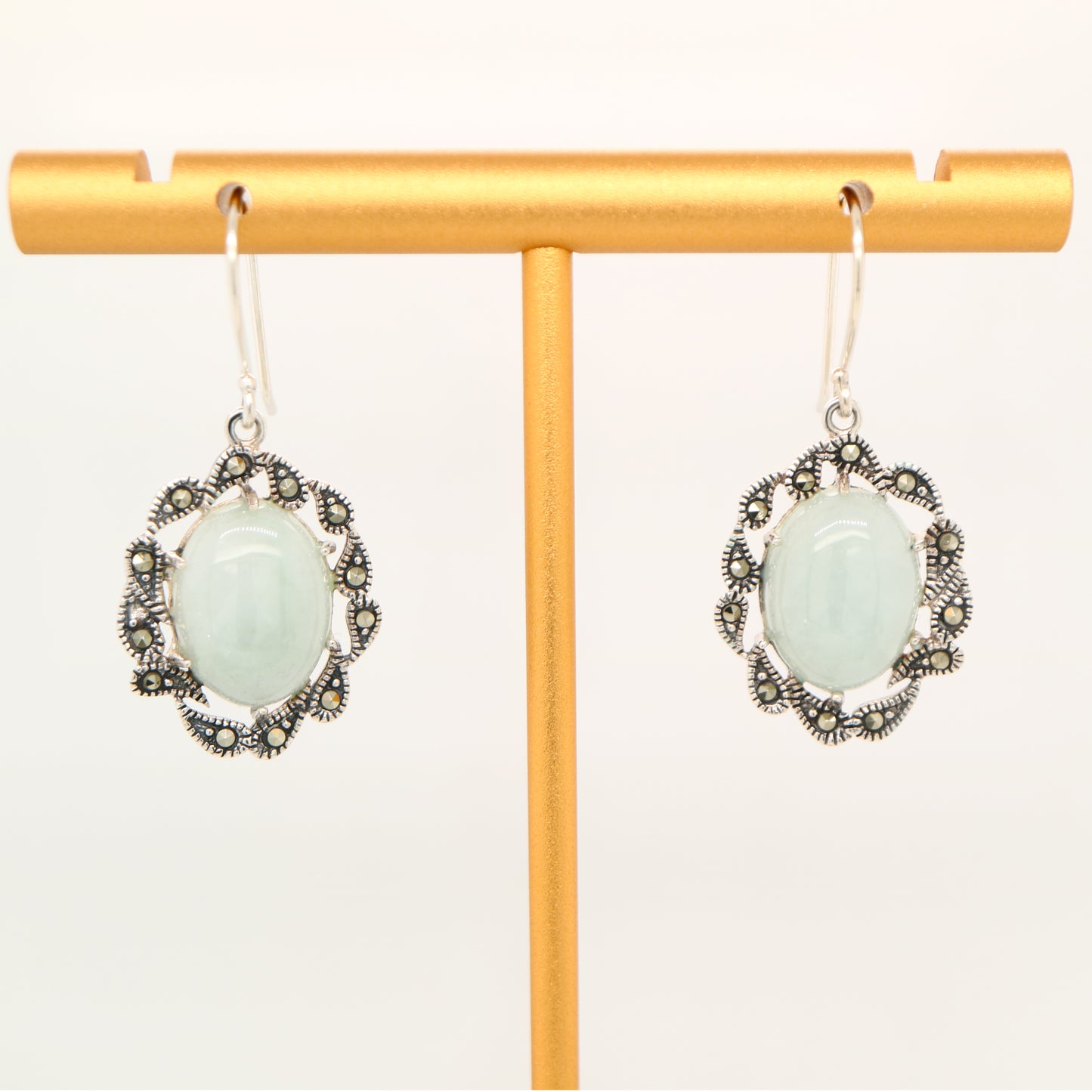 Natural jade with marcasite halo earrings in sterling silver