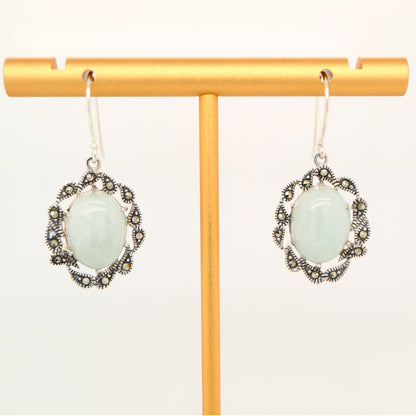 Natural jade with marcasite halo earrings in sterling silver