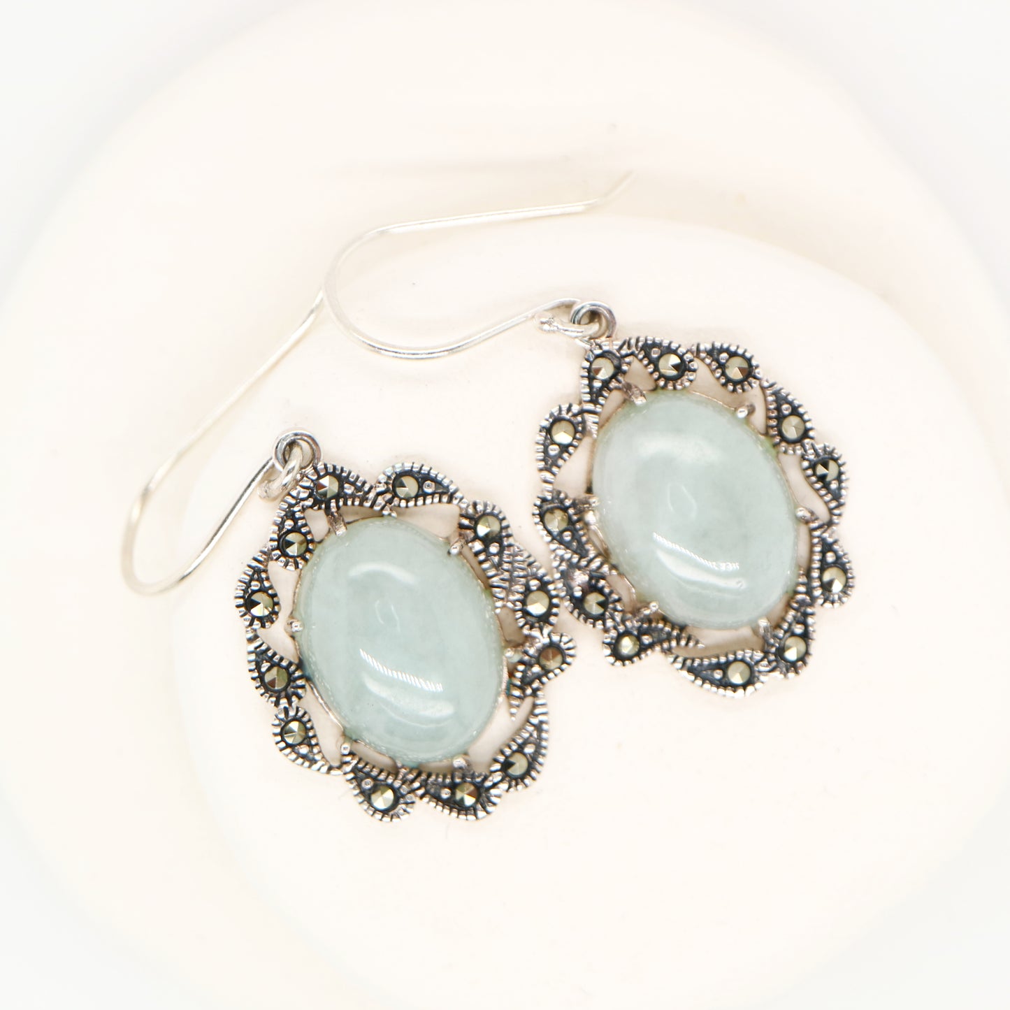 Natural jade with marcasite halo earrings in sterling silver