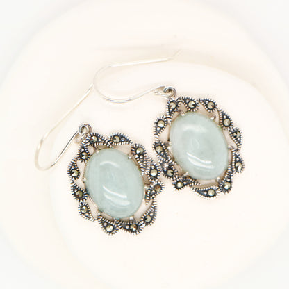 Natural jade with marcasite halo earrings in sterling silver