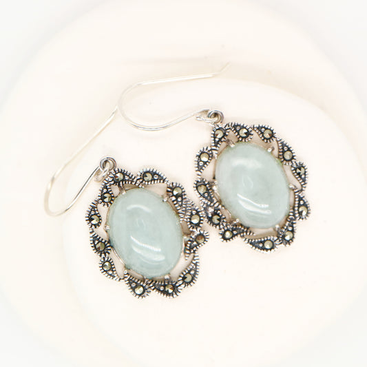 Natural jade with marcasite halo earrings in sterling silver