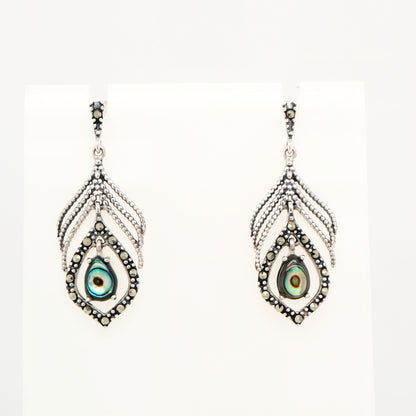 Peacock feather earring with abalone shell and marcasite in sterling silver