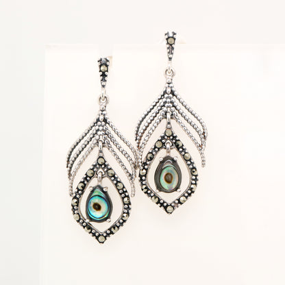 Peacock feather earring with abalone shell and marcasite in sterling silver
