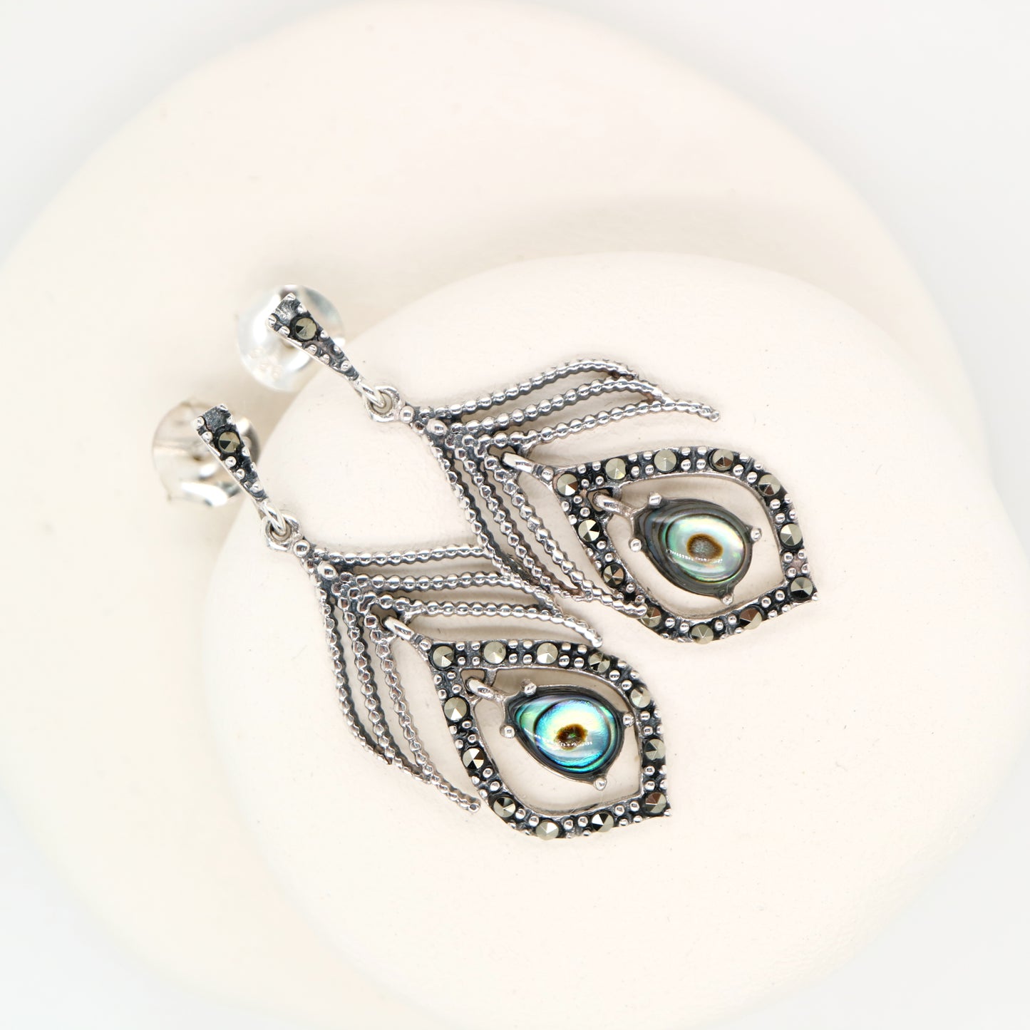 Peacock feather earring with abalone shell and marcasite in sterling silver