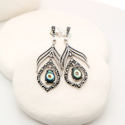 Peacock feather earring with abalone shell and marcasite in sterling silver