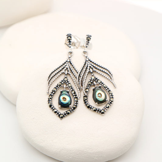 Peacock feather earring with abalone shell and marcasite in sterling silver