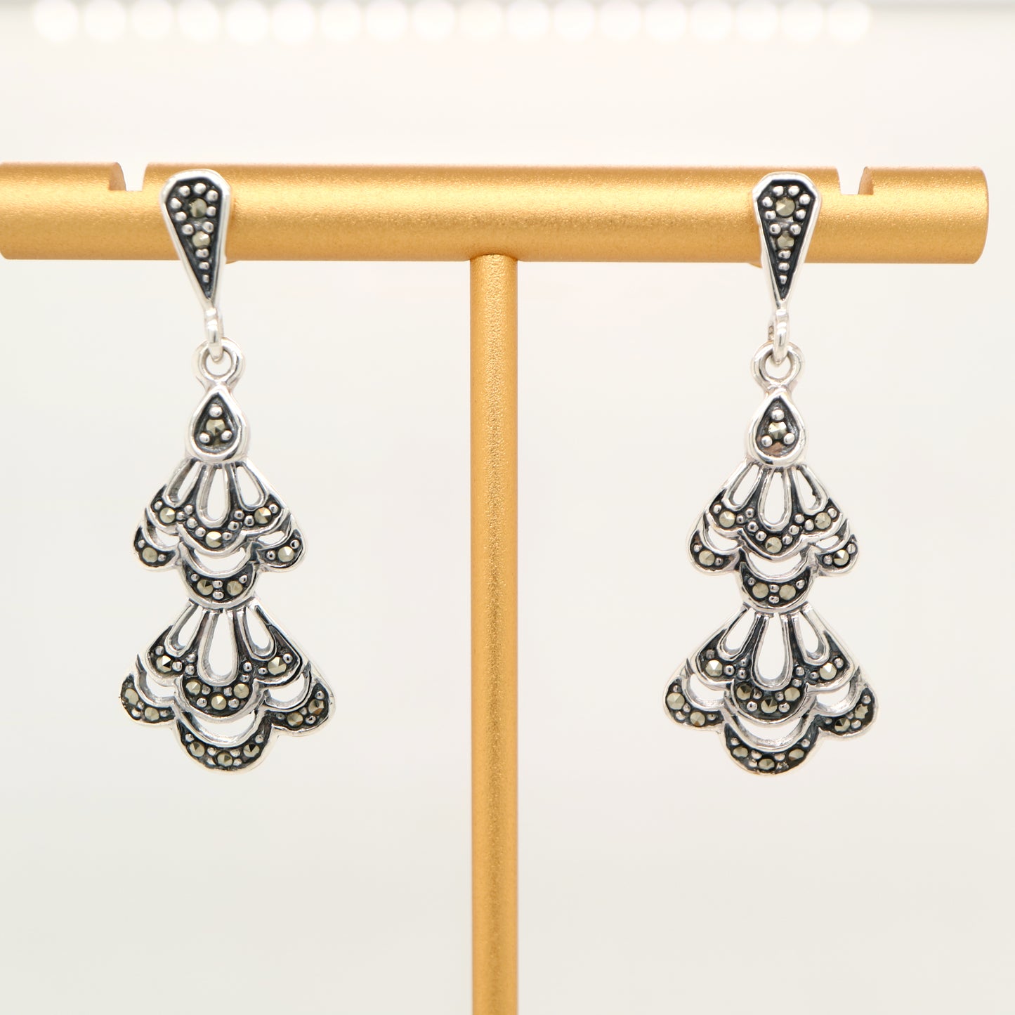 Floral drop earrings with marcasite in sterling silver