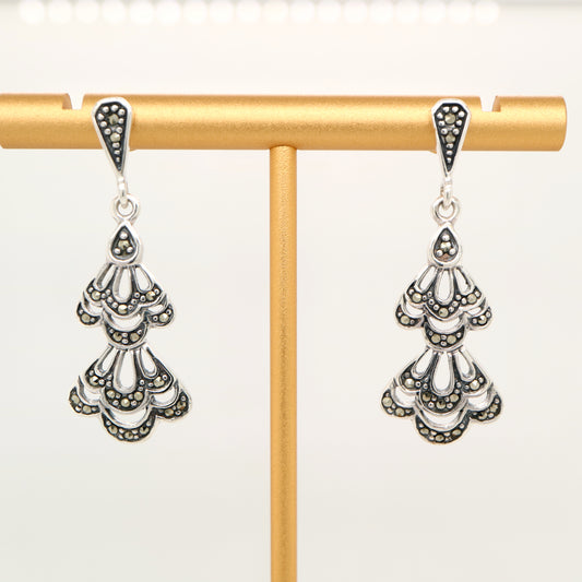 Floral drop earrings with marcasite in sterling silver