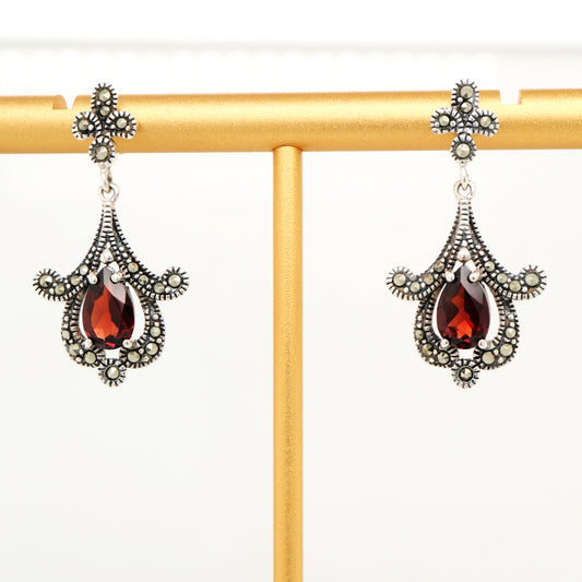 Garnet art deco earrings with marcasite in sterling silver