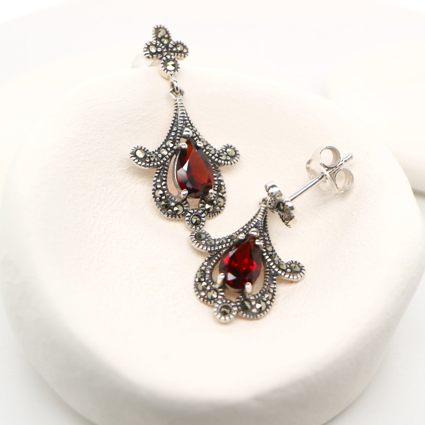 Garnet art deco earrings with marcasite in sterling silver