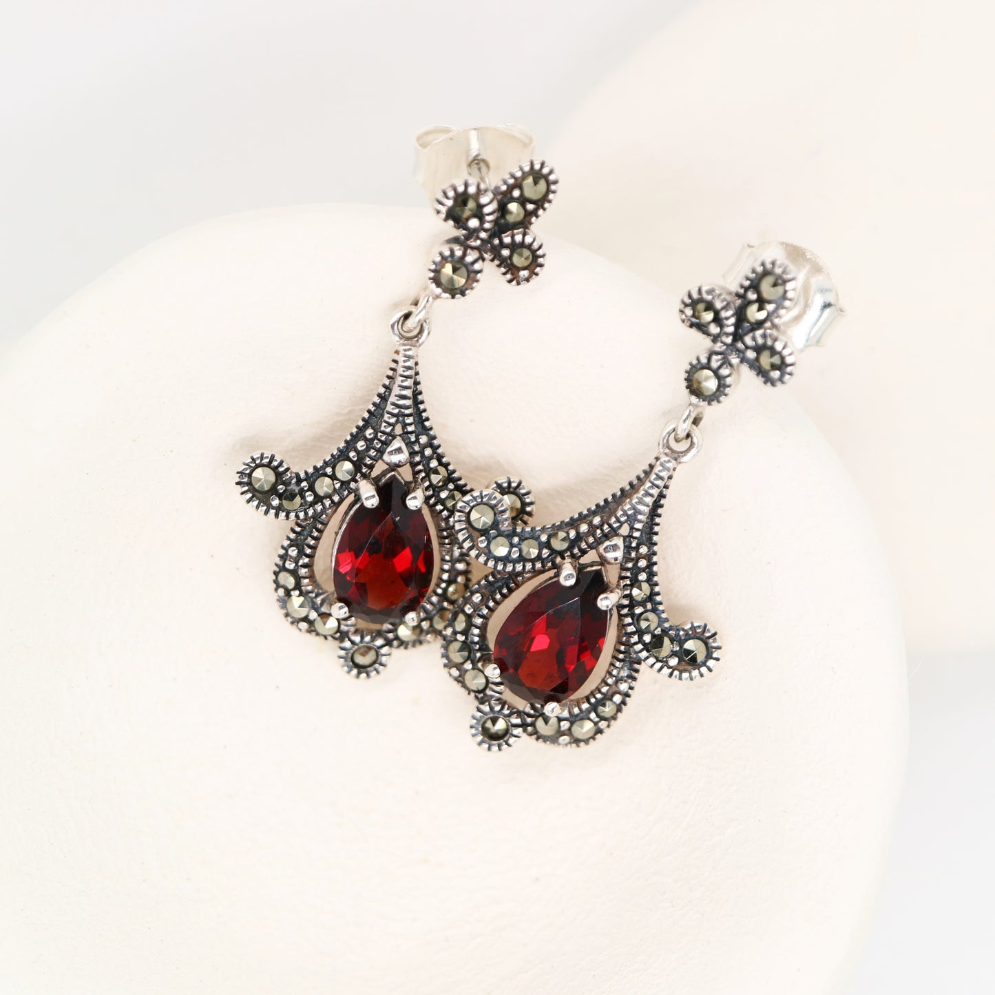 Garnet art deco earrings with marcasite in sterling silver