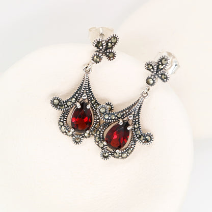 Garnet art deco earrings with marcasite in sterling silver