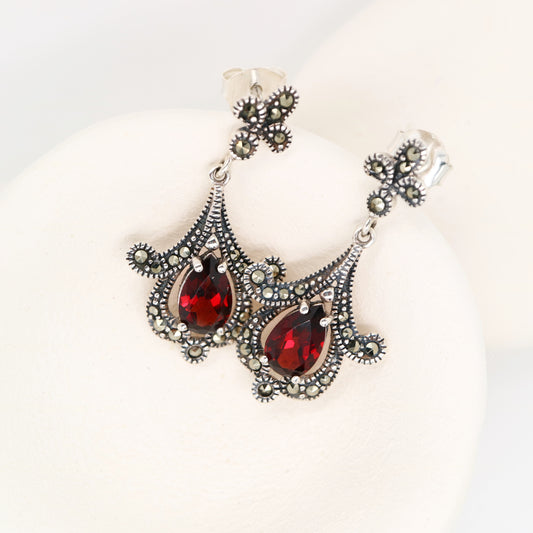 Garnet art deco earrings with marcasite in sterling silver
