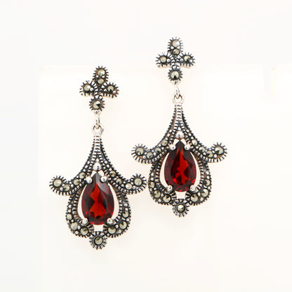 Garnet art deco earrings with marcasite in sterling silver