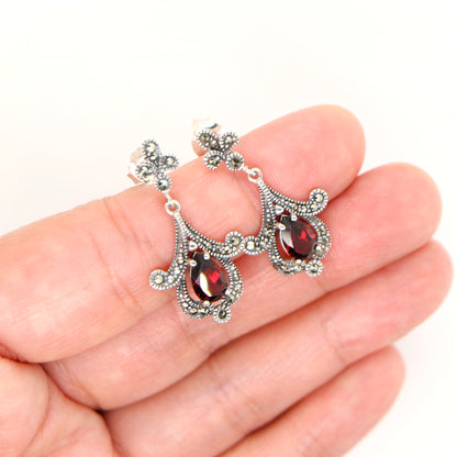 Garnet art deco earrings with marcasite in sterling silver