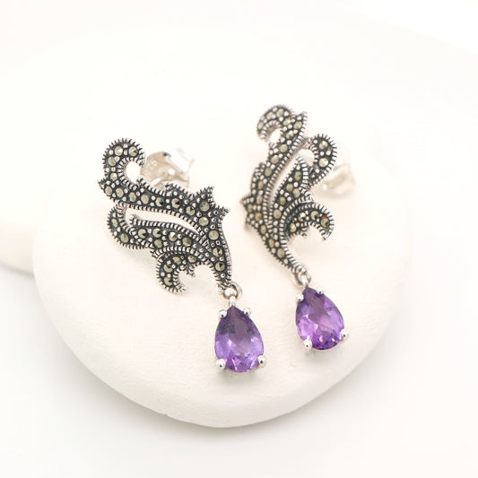 Marcasite feather earring with amethyst in sterling silver