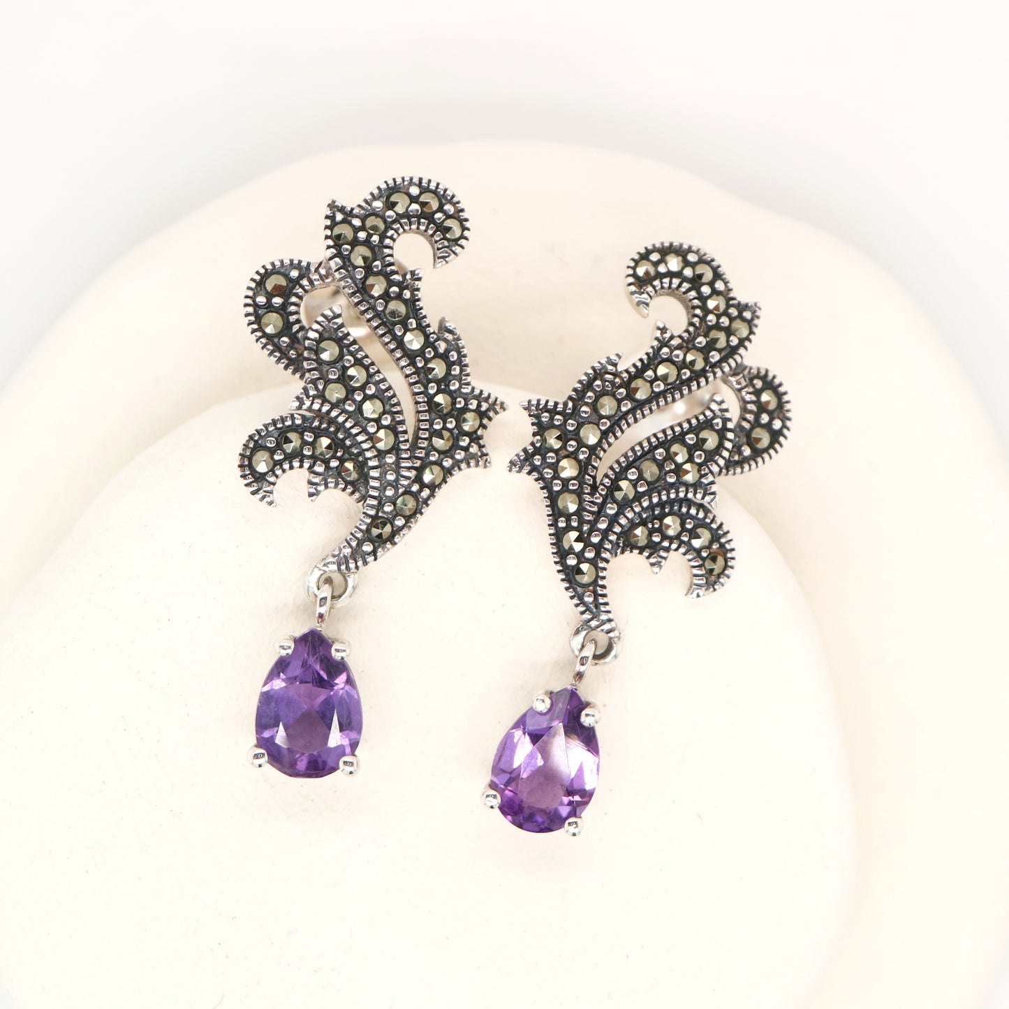 Marcasite feather earring with amethyst in sterling silver