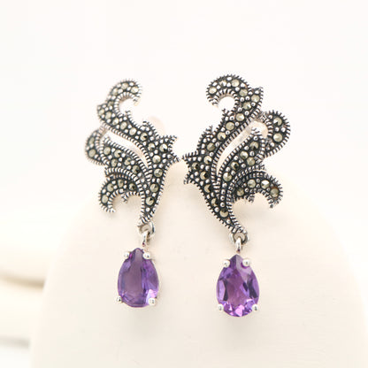 Marcasite feather earring with amethyst in sterling silver