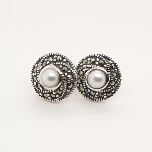 Classic cluster stud earring in pearl, marcasite and sterling silver