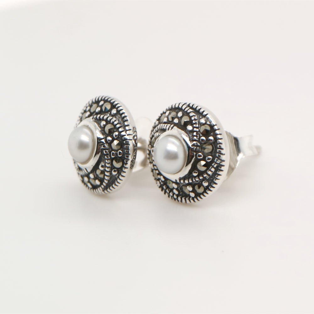 Classic cluster stud earring in pearl, marcasite and sterling silver