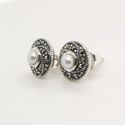 Classic cluster stud earring in pearl, marcasite and sterling silver