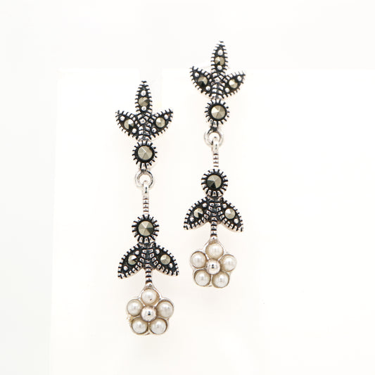 Freshwater pearl daisy drop earrings with marcasite in sterling silver