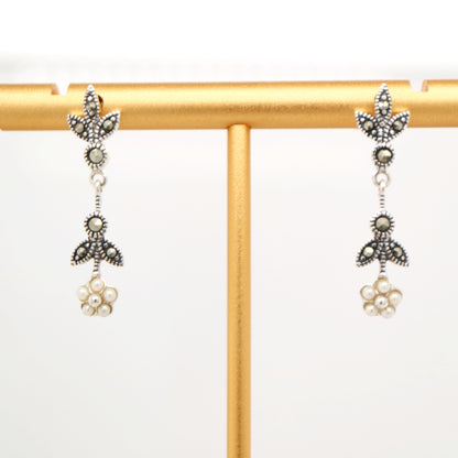 Freshwater pearl daisy drop earrings with marcasite in sterling silver