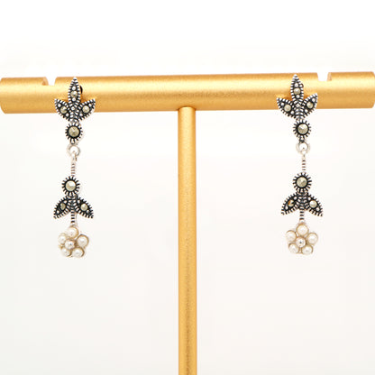 Freshwater pearl daisy drop earrings with marcasite in sterling silver