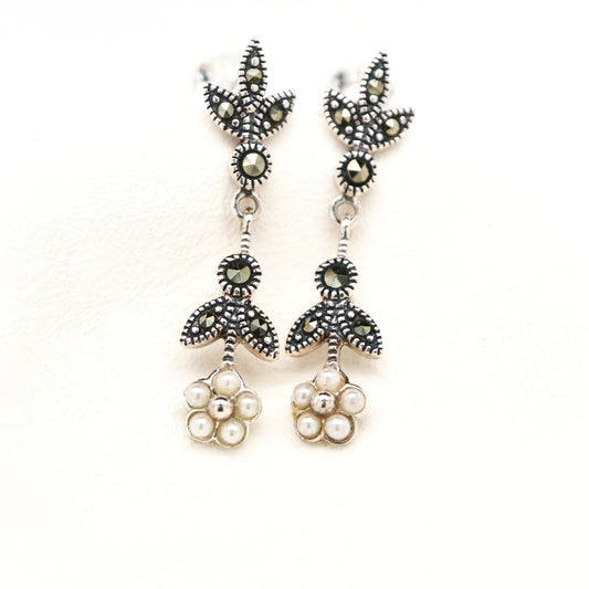 Freshwater pearl daisy drop earrings with marcasite in sterling silver