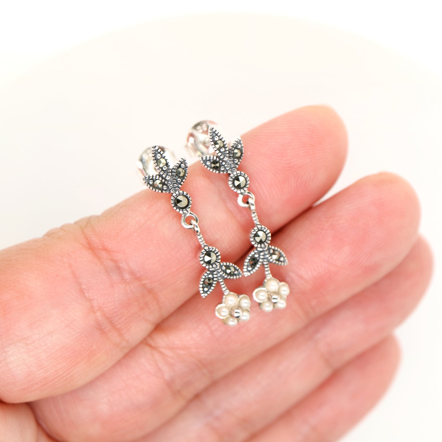 Freshwater pearl daisy drop earrings with marcasite in sterling silver