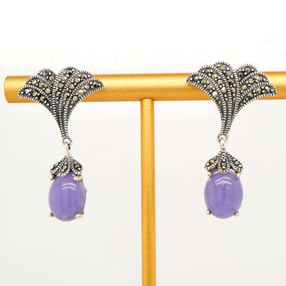 Art deco lavender jade drop earrings with marcasite in sterling silver