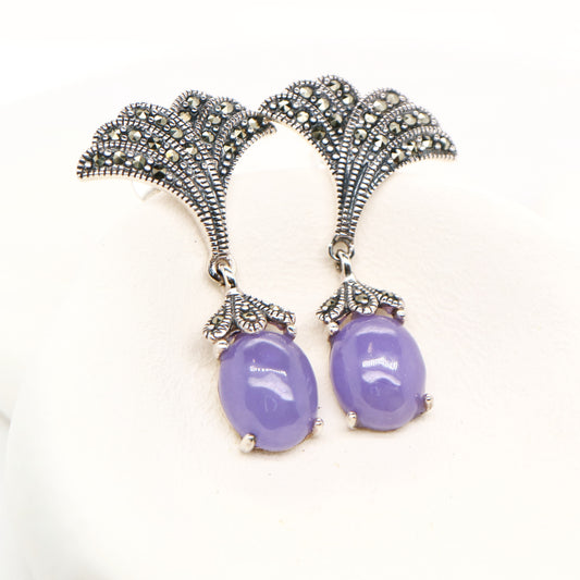 Art deco lavender jade drop earrings with marcasite in sterling silver