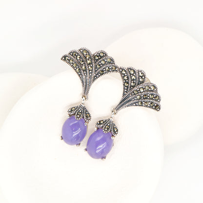 Art deco lavender jade drop earrings with marcasite in sterling silver