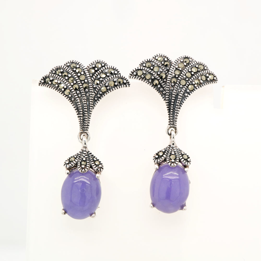 Art deco lavender jade drop earrings with marcasite in sterling silver