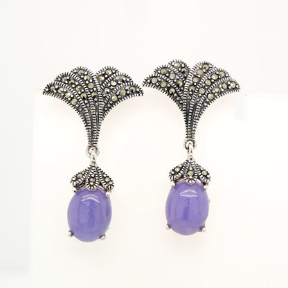 Art deco lavender jade drop earrings with marcasite in sterling silver