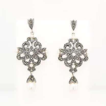 Edwardian style earrings with fresh water pearl, marcasite and sterling silver