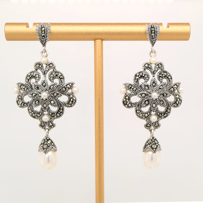 Edwardian style earrings with fresh water pearl, marcasite and sterling silver