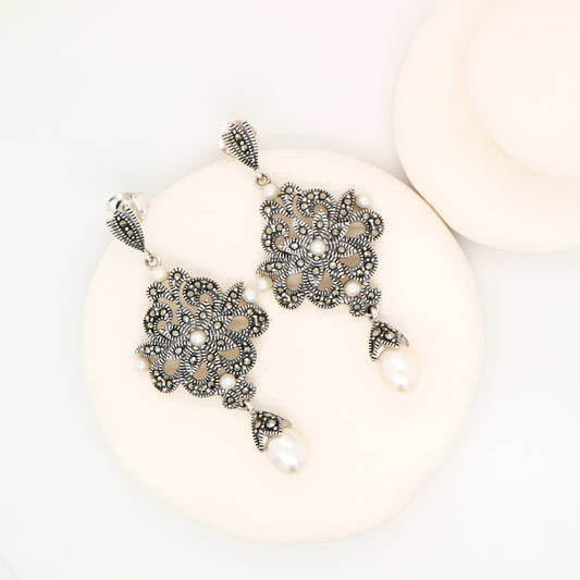 Edwardian style earrings with fresh water pearl, marcasite and sterling silver
