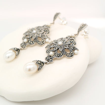 Edwardian style earrings with fresh water pearl, marcasite and sterling silver