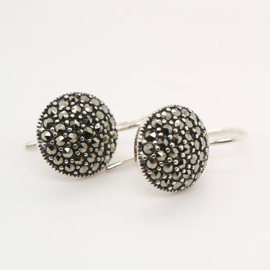 Pave style round hook earrings with marcasite in sterling silver