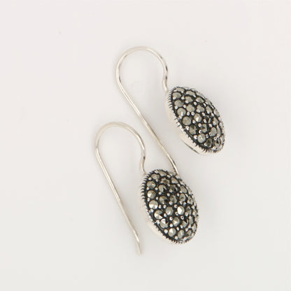 Pave style round hook earrings with marcasite in sterling silver