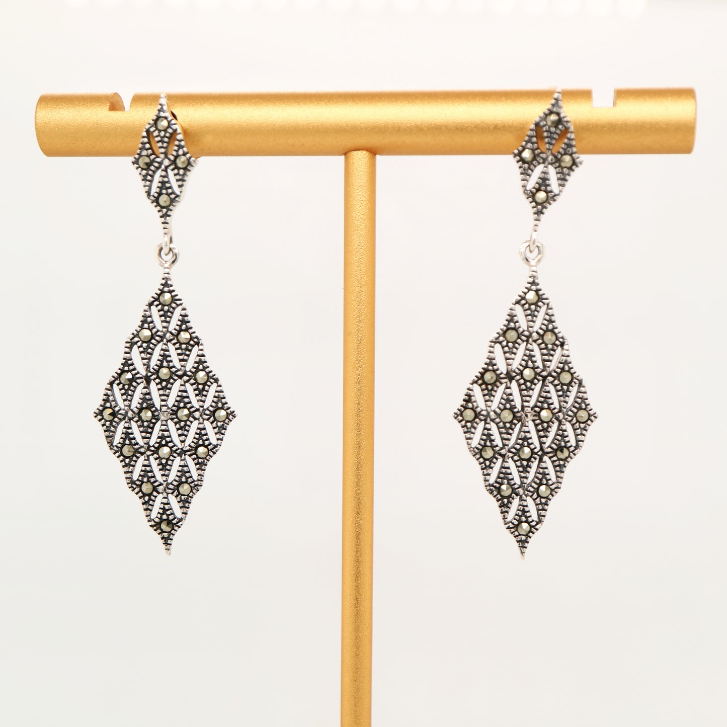 Art deco tessalated diamond shaped marcasite earrings in sterling silver