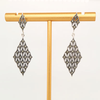 Art deco tessalated diamond shaped marcasite earrings in sterling silver