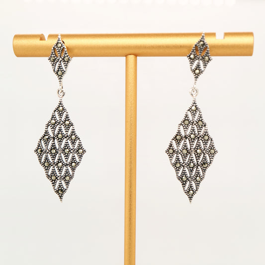 Art deco tessalated diamond shaped marcasite earrings in sterling silver