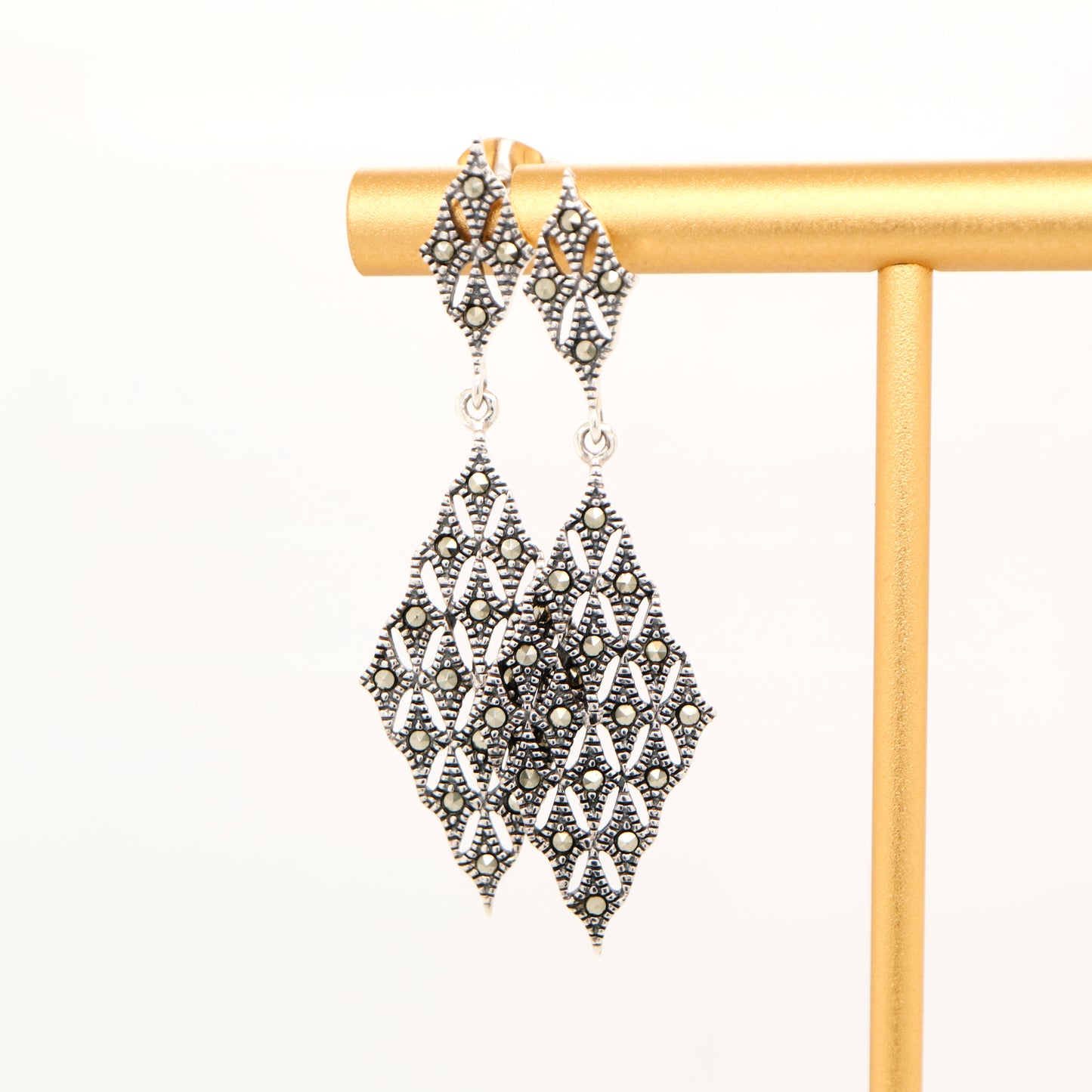 Art deco tessalated diamond shaped marcasite earrings in sterling silver